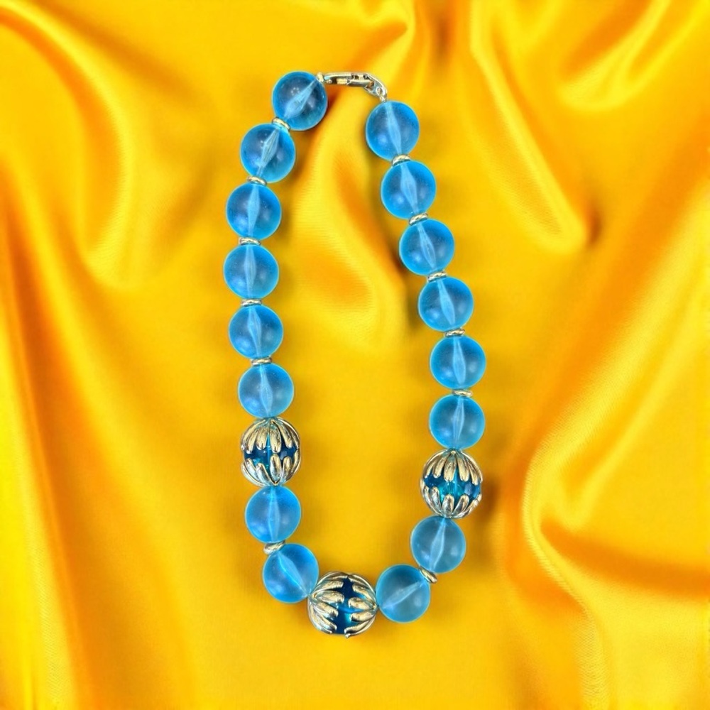Vintage Napier 1980s Aqua Blue Lucite Gold Bead Statement Necklace Signed